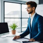 디지털 마케팅 전공자를 위한 진로 가이드 - **Subject:** A diverse, young adult, male or female, dressed in smart business casual attire, standi...