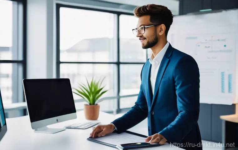 디지털 마케팅 전공자를 위한 진로 가이드 - **Subject:** A diverse, young adult, male or female, dressed in smart business casual attire, standi...